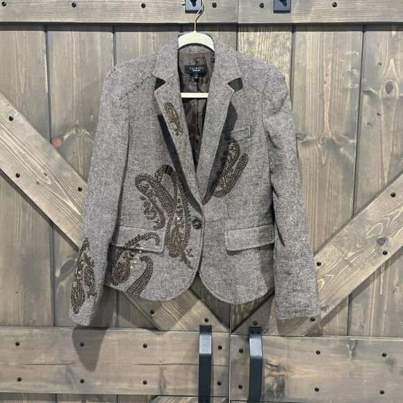 Talbots Taupe Paisley Blazer Embellished‎ Wool Blend Single Breasted Button 8 - Picture 1 of 13